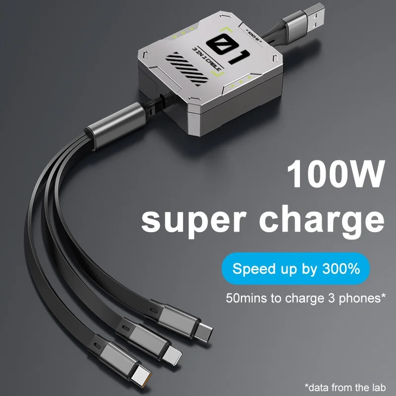 Fast Charging 3 In 1 100W Retractable Micro Usb Cable Mobile Phone Cable Super Fast Charging Type-c Data Cable. 