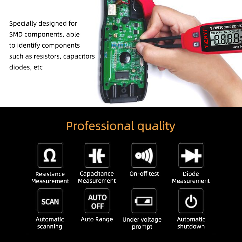 Yieryi Smart SMD Tester Electrical Multimeter Resistance Capacitance Continuity Diode Test Meter SMD Component Tester. 