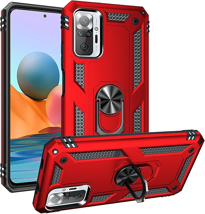 SNOWtreeAA Case for Xiaomi Redmi Note 10 Pro/Redmi Note 10 Pro Max,Ring Holder Military Grade Protective Silicone Shockproof Tough Armor Hard Phone Cover for Redmi Note 10 Pro -Red