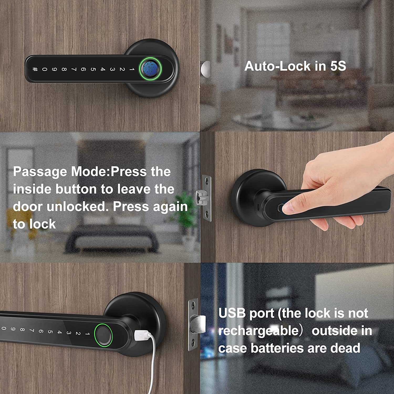 Fingerprint Door Lock with Bluetooth for TTLock Electronic Lock with Biometrics Fingerprint/Password/Key/App Unlock. 
