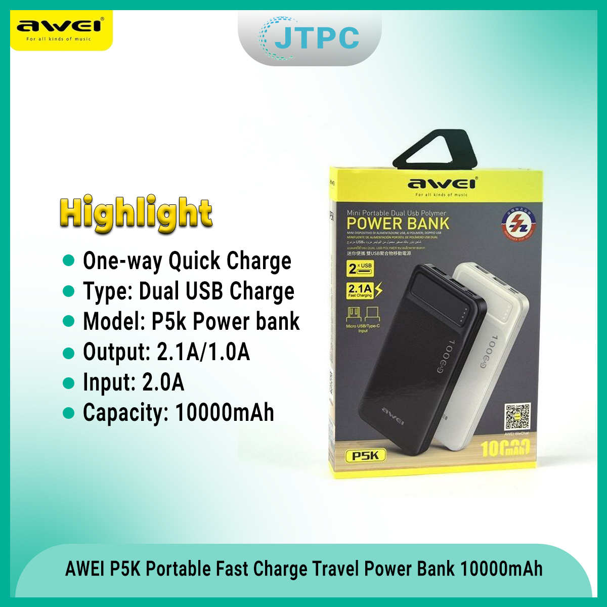 AWEI P5K Portable Power Bank 10000mAh Power bank Dual USB A Type c Micro Dual input Fast Charge Travel Powerbank For Mobile Phone. 