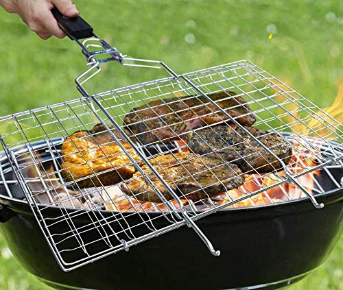 New Portable Barbecue BBQ Grill Net Basket Roast Grilling Tray Chromium Plated with Wooden Handle (Big). 