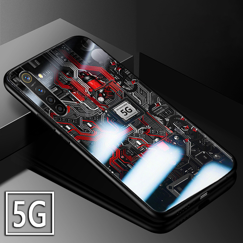 For Realme XT Back Cover Version Theme Case Tempered Glass Protection shockproof Cover for Realme XT case Transparent Circuit Board Design Full Coverage Phone cases. 