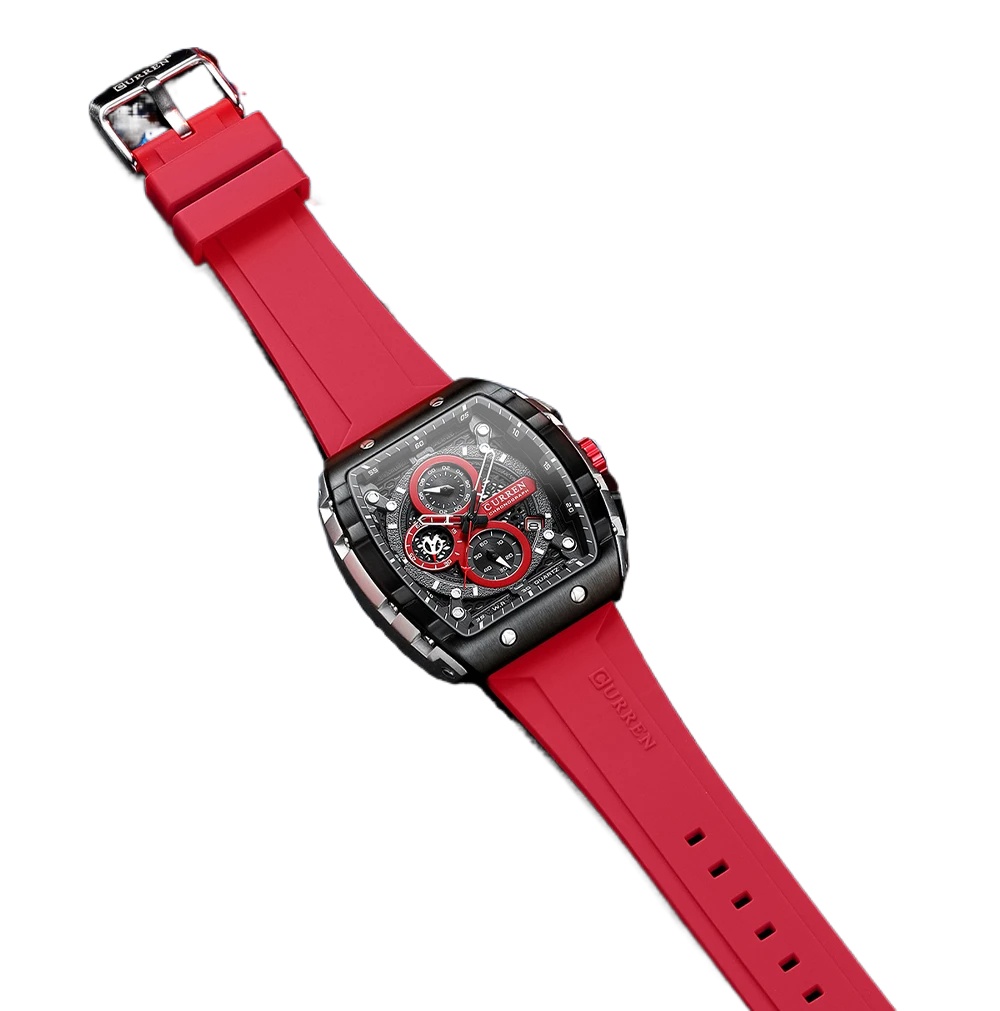 CURREN 8442 Multi-function Chronograph Men Watch Silicone Band Sports Luminous Calendar Quartz Watches-Red. 