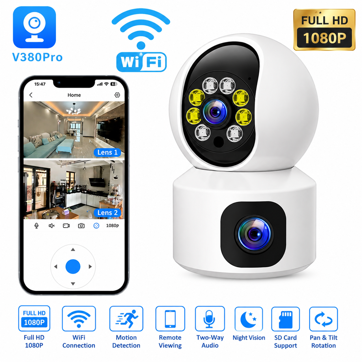 V380 Pro Dual Lens Wireless Dome Camera WIFI Home Smart Protection Wireless CCTV Indoor Camera Two Way Audio