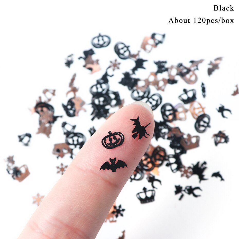 【happy one】1box Black Witch Spider Metallic Paillete Nail Art Decorations Halloween Gold Nail Charm Jewelry Metal Slice Tips LY1034. 