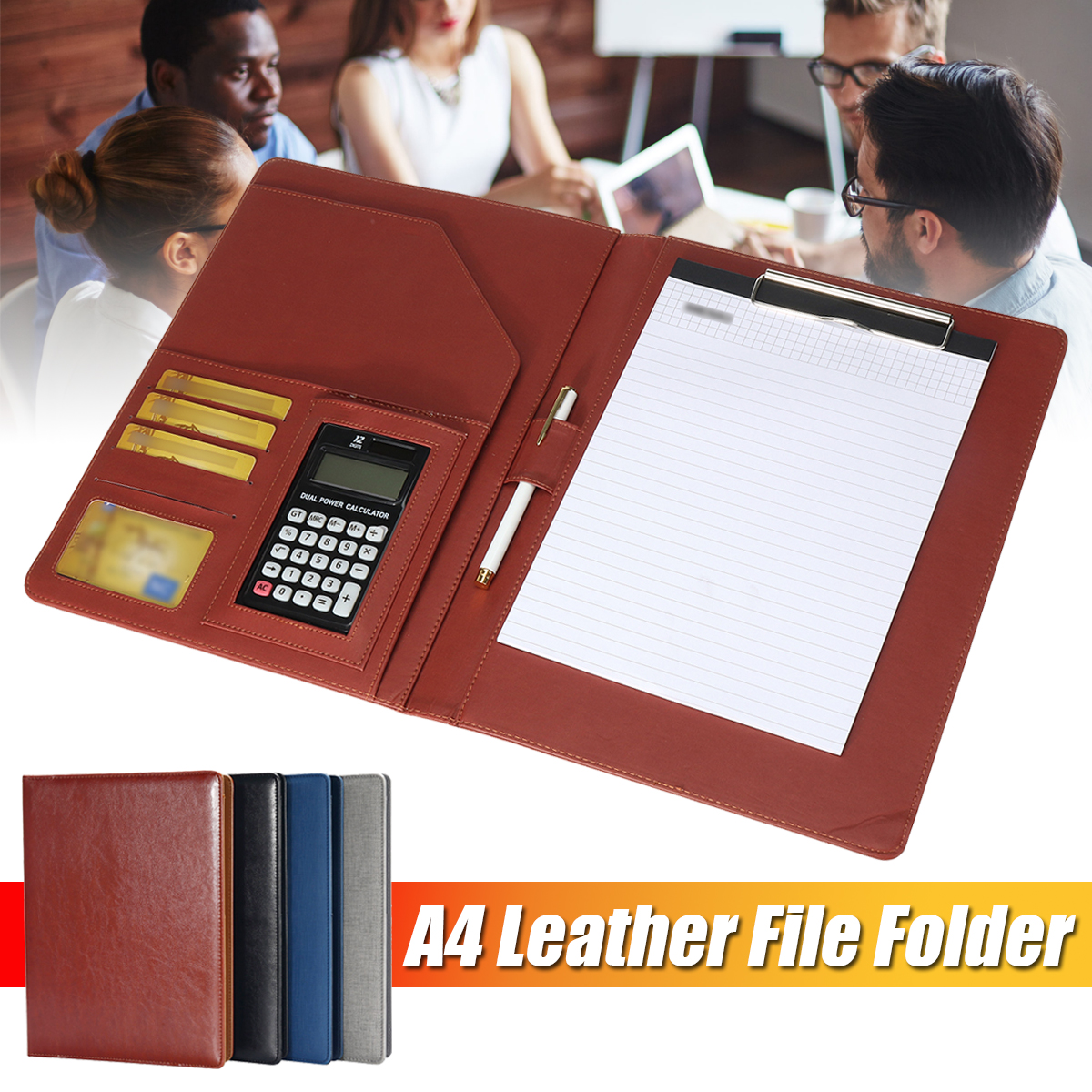 A4 PU Leather File Folder With Calculator Multifunction Document Organizer - Brown without calculator