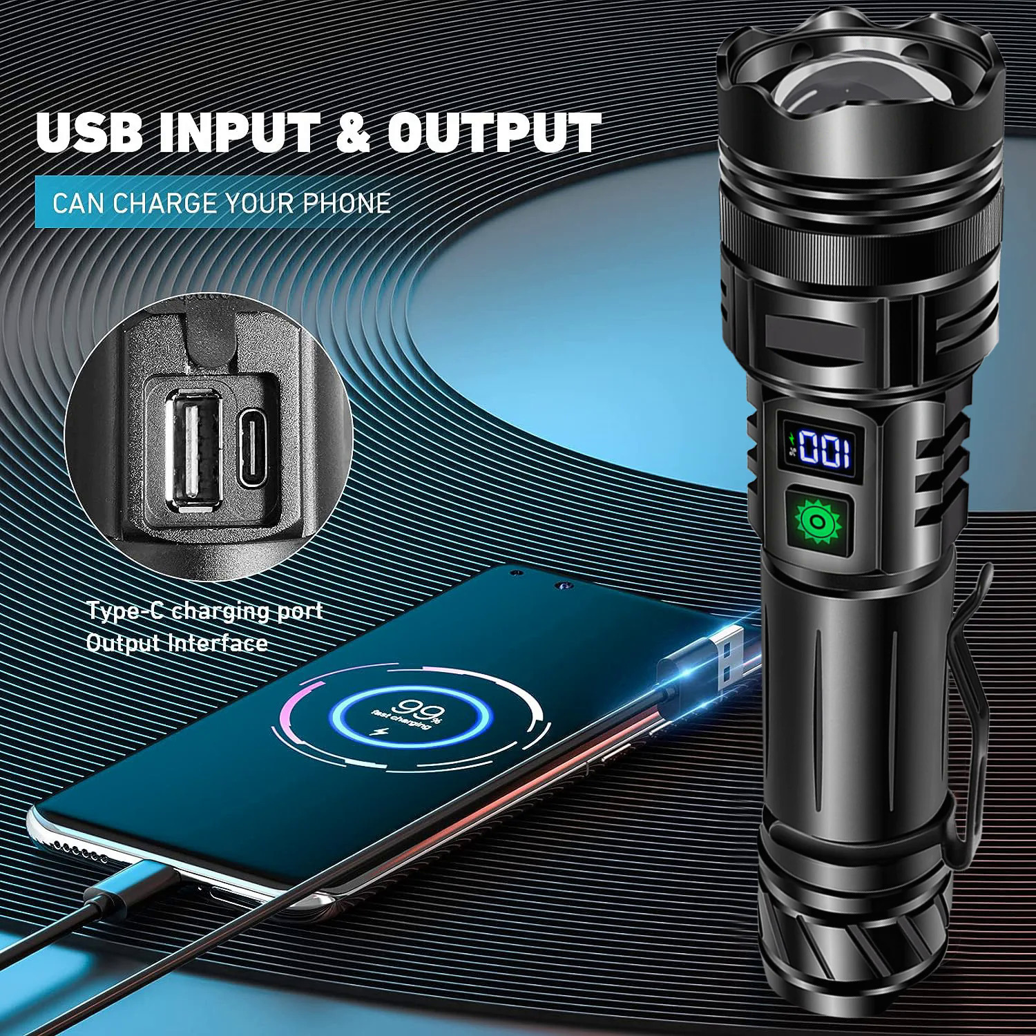 High power LED flashlight Type-C USB rechargeable long range tactical torch strong light lamp outdoor ultra powerful flash light. 
