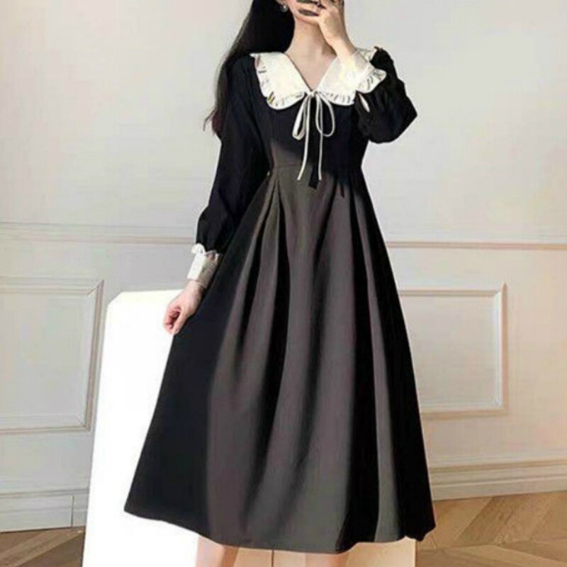 Long Sleeve Dress Womens High Waist Slim Simple Vintage Spliced Bow