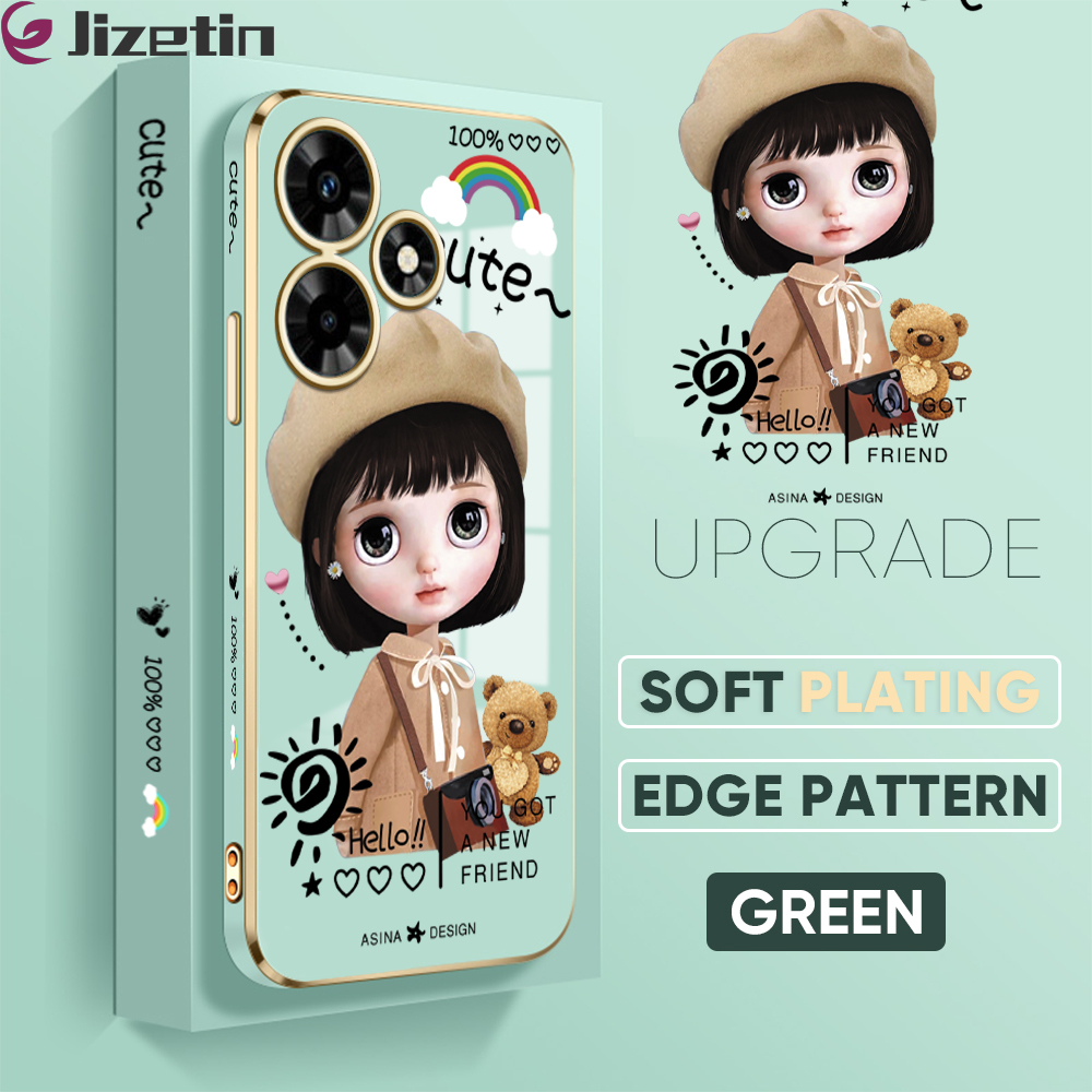 Jizetin (Free Lanyard) for Infinix Hot 30 Back Cover Fashion Girl Luxury 6D Plating Case Side Pattern Soft Silicone Square Mobile Phone Cases