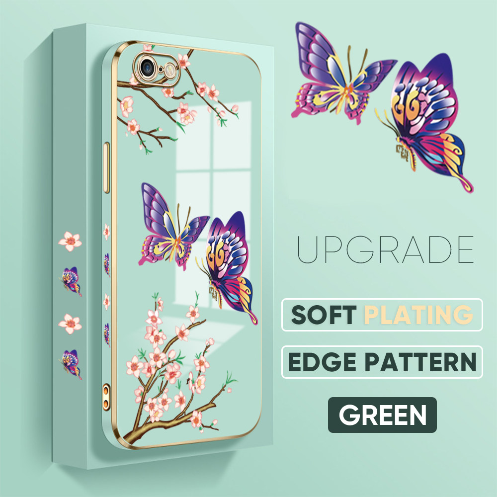 Jizetin (Free Lanyard) for iPhone 6 6S Back Cover Peach Blossom and Butterfly Luxury 6D Plating Case Side Pattern Soft Silicone Square Mobile Phone Cases