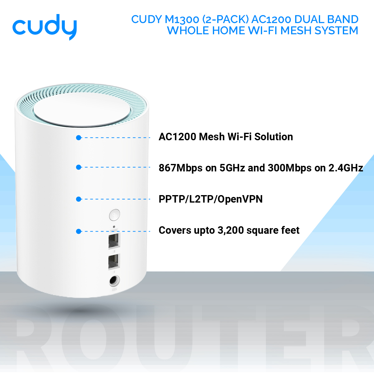 Cudy M1300 (2-Pack) AC1200 Dual Band Whole Home Wi-Fi Mesh System - 867Mbps on 5GHz and 300Mbps on 2.4GHz - 2 Gigabit Ethernet Ports - White. 
