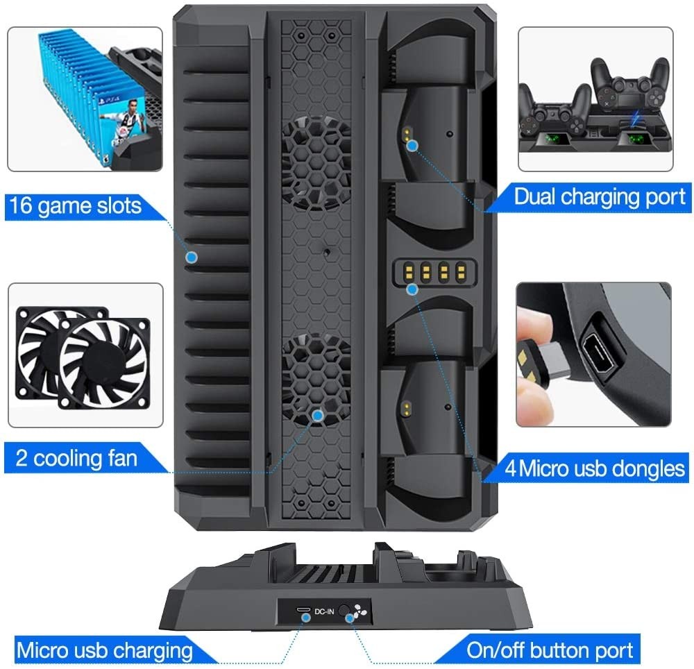 PS4 Stand Cooling Fan for PS4 Slim / PS4 Pro/Playstation 4, PS4 Pro Stand Vertical Stand Cooler with Dual Controller Charge Station & 16 Game Storage brand new and high quality. 