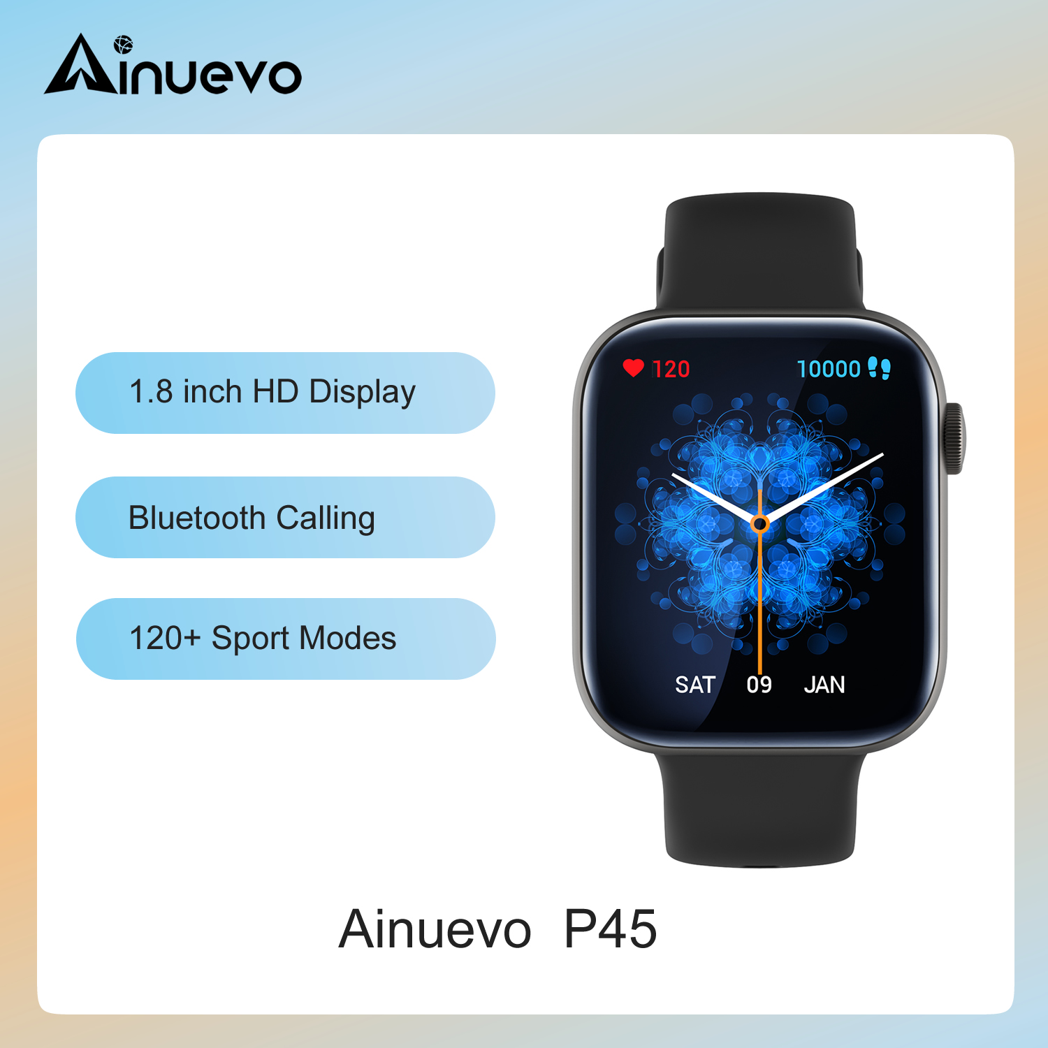 Ainuevo P45 Bluetooth Call Smart Watch 1.8 HD Display 120+ Sports Modes Heart Rate Waterproof IP67 smartwatch for men women