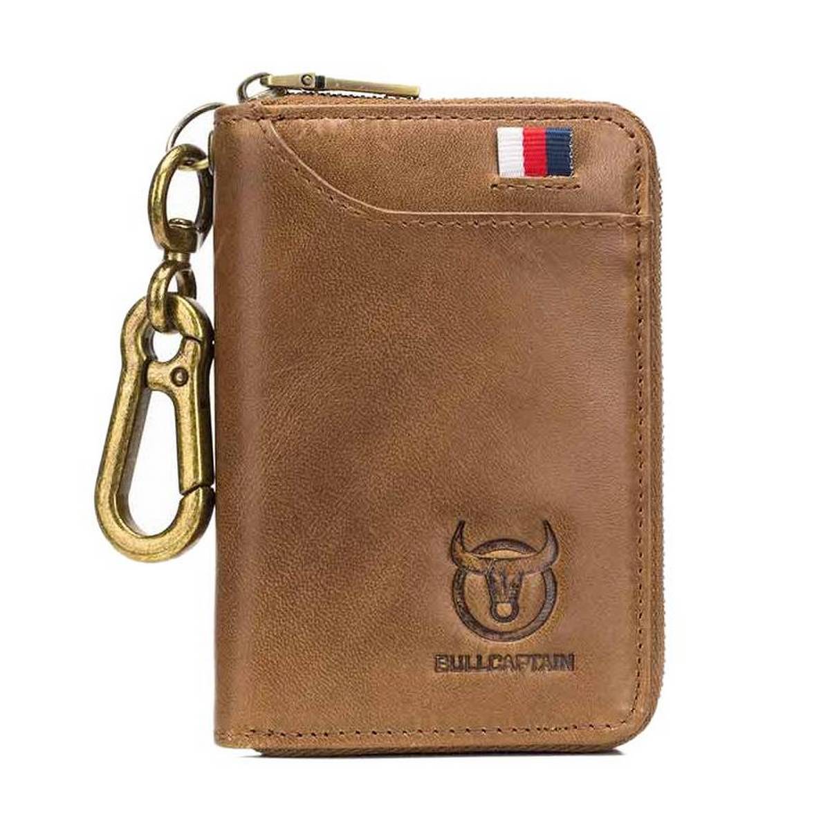 Bullcaptain Leather Men&Women Key Wallet Unisex Rfid Blocking Business Key Case Fashion Card Holder Coin Purse Key Case Brown
