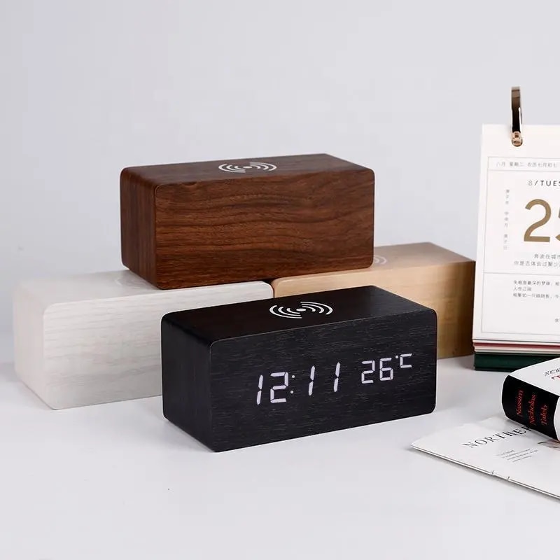 Wooden Digital Alarm Clock with Wireless Charging, LED Clock with Time, Date,Temperature, Desk Clocks for Office,Bedside Clock. 