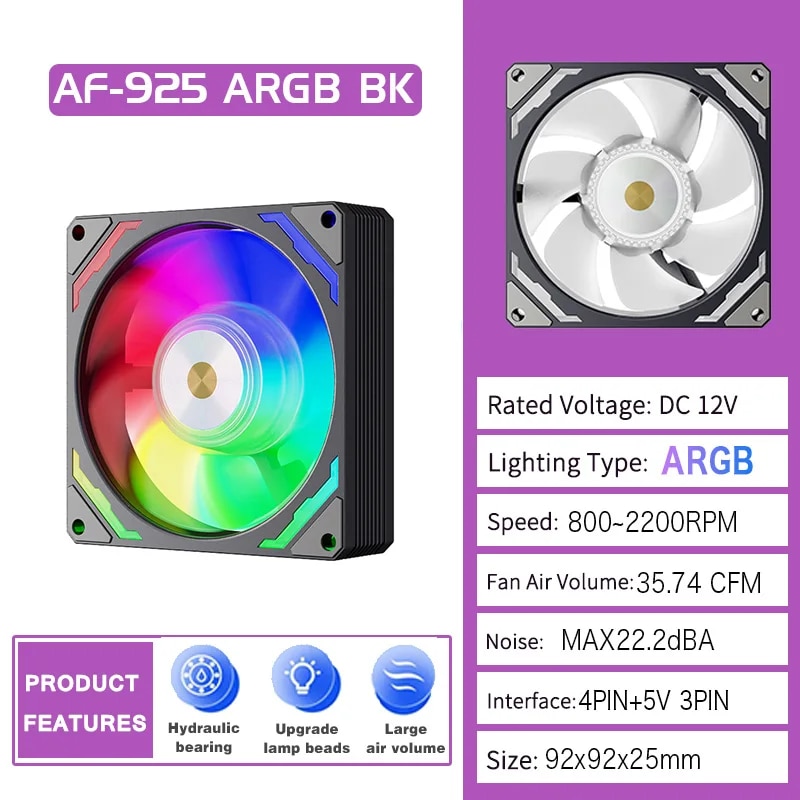 TEUCER AF925 92mm Fan 5V 3PIN ARGB Computer Case ventilador 9CM Silent PWM CPU Colorful Cooling Fan 800-2200RPM Mini PC Cooler