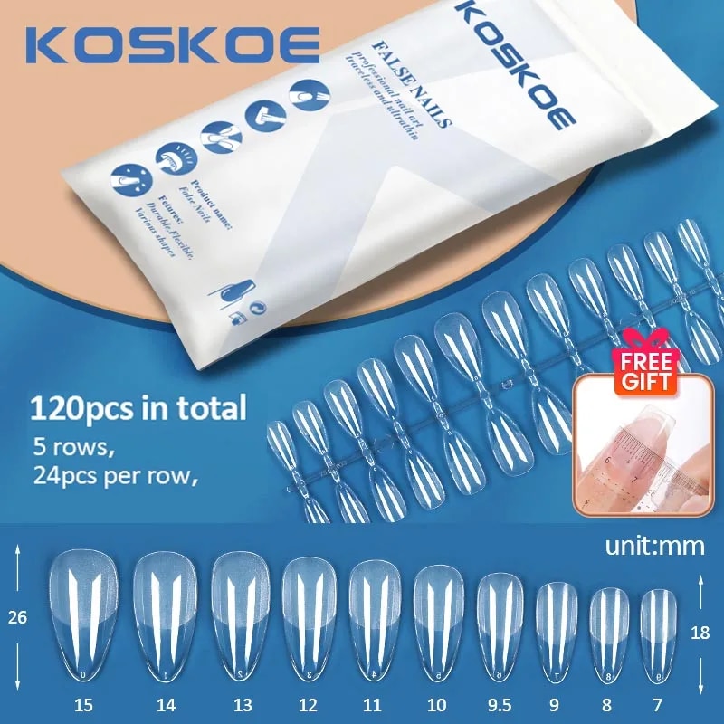 KOSKOE 120pcs False Nails Acrylic Press on Nails Almond Artificial Clear Nail Tips for Extension Tool Get Free Soft Ruler