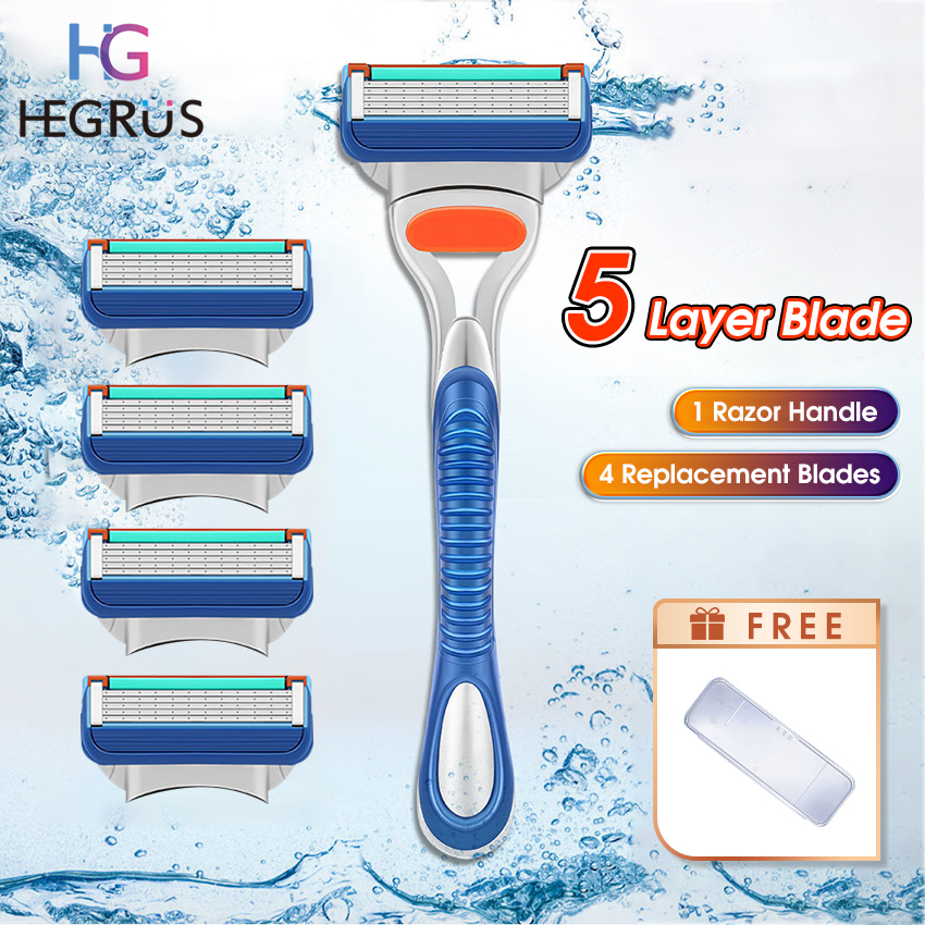 （NEW） Men’s Razor Manual Beard Shaver 5-Layer Ra-zors Manual Beard Trimmer Beard Beard Shaver Kit with 1 Handle and 4 Ra-zor Blade Refills For Men Beard