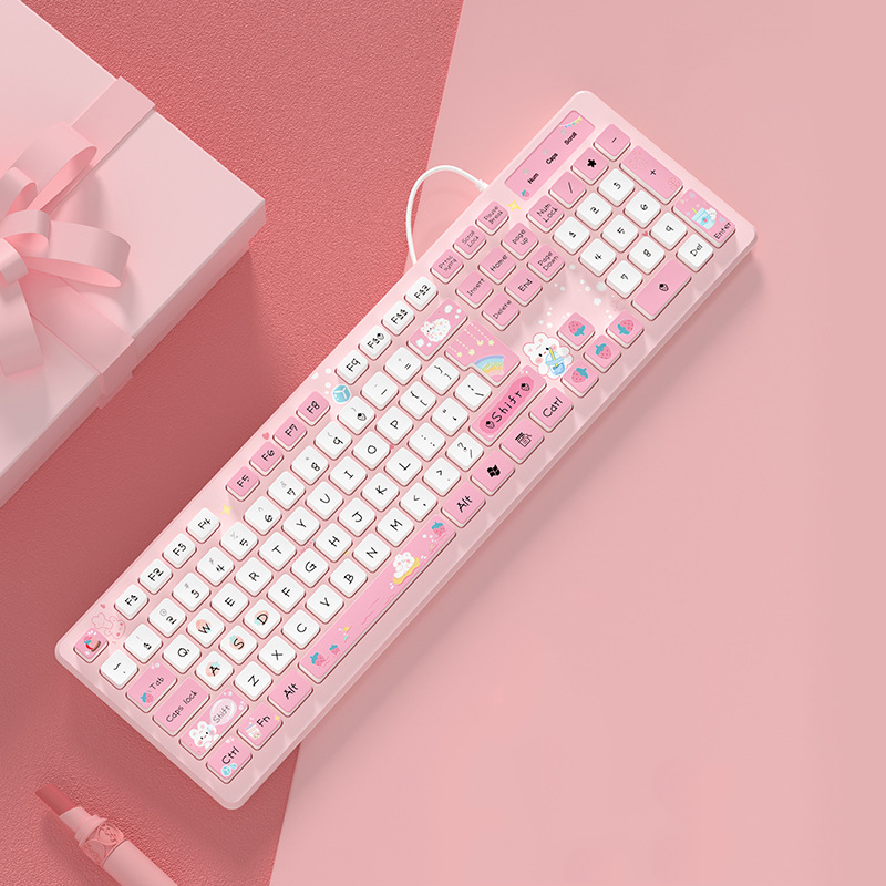 Kawaii wired keyboard milk tea rabbit cute pink cute chocolate wired keyboard girls keyboard creative coloring wireless keyboard. 