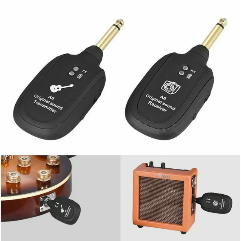 A8 Guitar Wireless System Transmitter Receiver Built-in Rechargeable Built- in Rechargeable wireless guitar transmitter. 