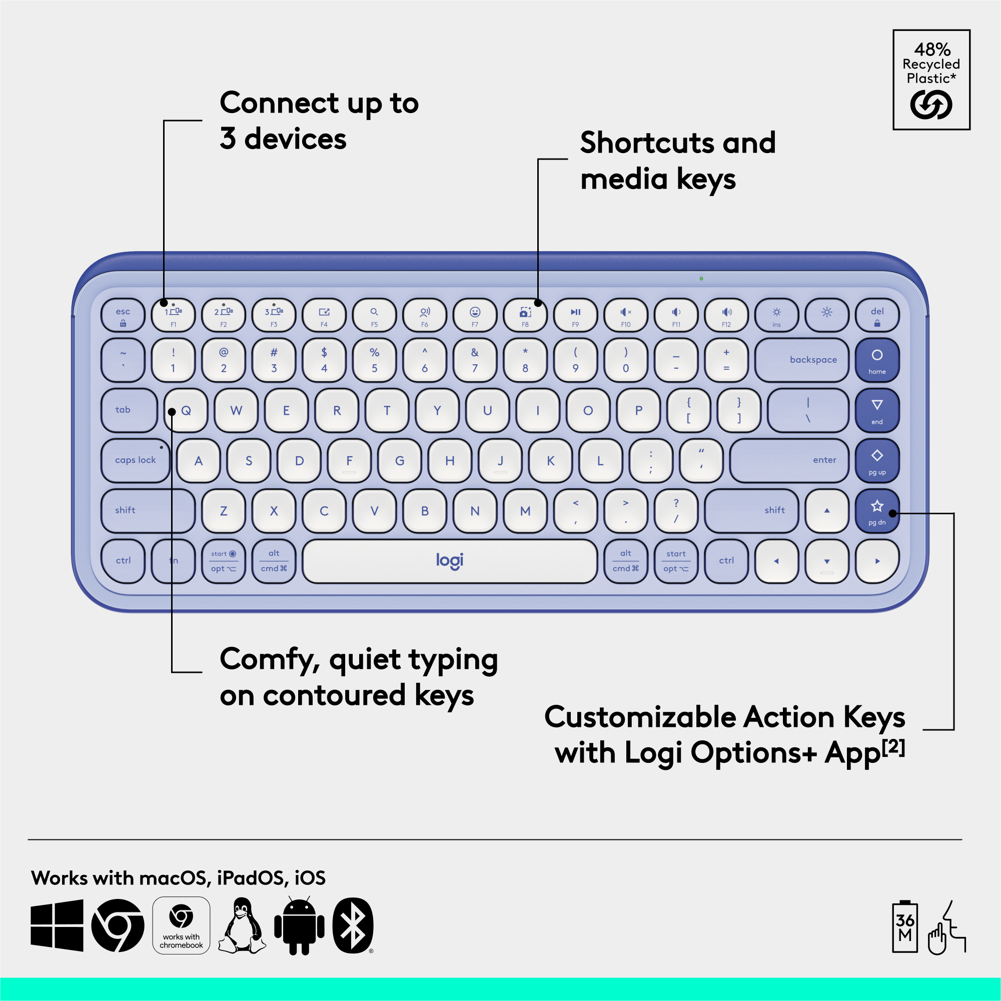 Logitech POP ICON Keys Wireless Bluetooth Keyboard, Comfortable Typing, Programmable Keys, Easy-Switch Between up to 3 Devices, for Laptop, Tablet, PC. 