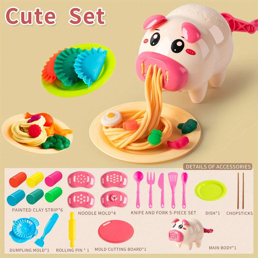 Cartoon Cute Pig Noodle Maker Clay Dough Set, Play Dough Machine Clay Dough Strips Toy Set for Kids. 