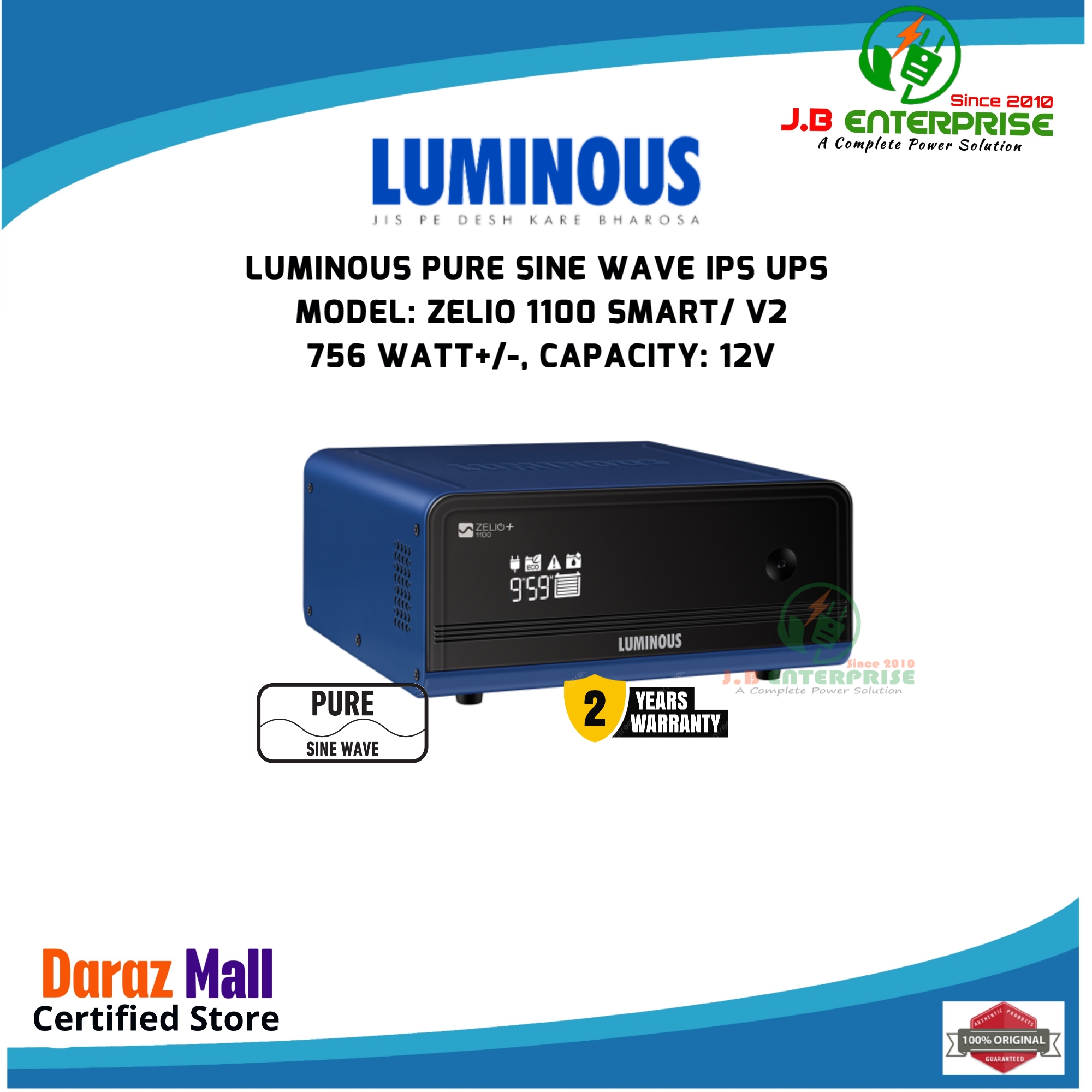 LUMINOUS IPS UPS ZELIO 1100 SMART PURE SINE WAVE INVERTER FOR 12V 1 BATTERY SUITABLE FOR 5 FAN 8 LIGHTS OR COMPUTER, TV, OTHERS. 