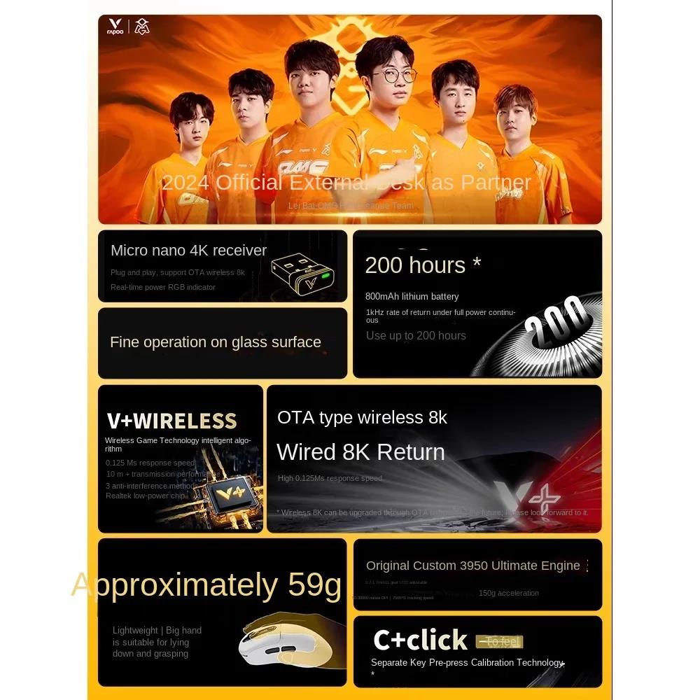 RAPOO VT3 PRO MAX Wireless Mouse Gaming PAW3950 Lightweight 800mAh 30000DPI 750IPS 2.4G Dual Mode 11 Level LOD OTA Update 8Khz. 