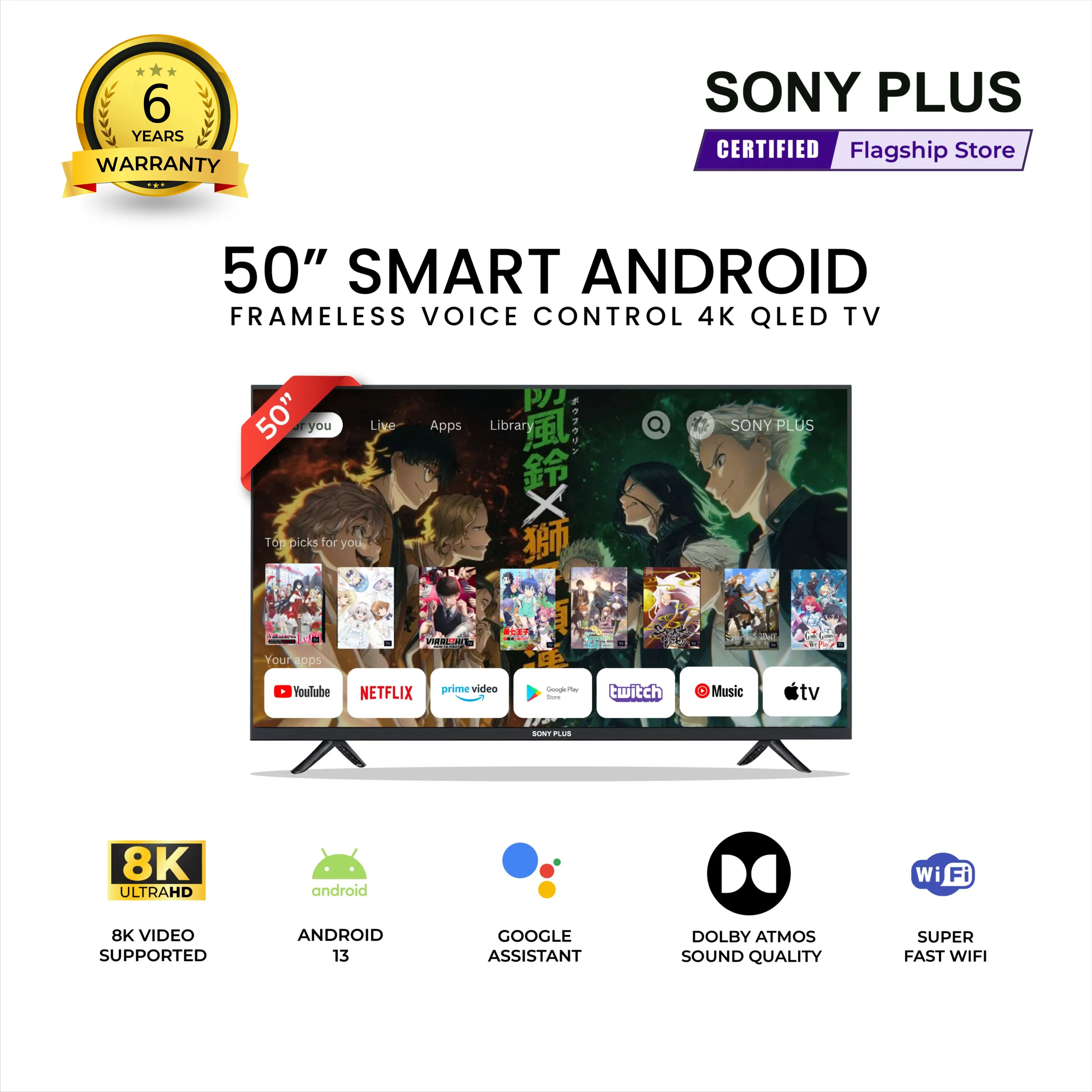 Sony Plus 50 inch Frameless Voice Control Smart QLED TV Wi-Fi UHD 8K Supported Android Television