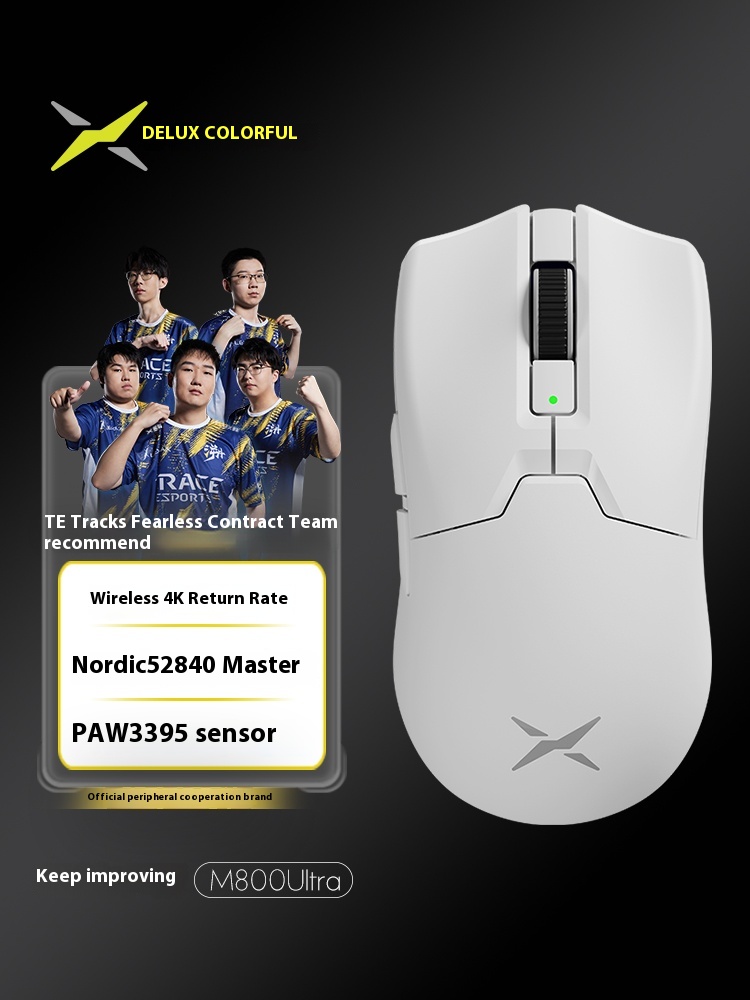 DELUX M800 Ultra Gaming Mouse PAW3395 600IPS Nordic52840 49g Lightweight Bluetooth 2.4g Three Mode Wireless Ergonomic FPS Mice. 