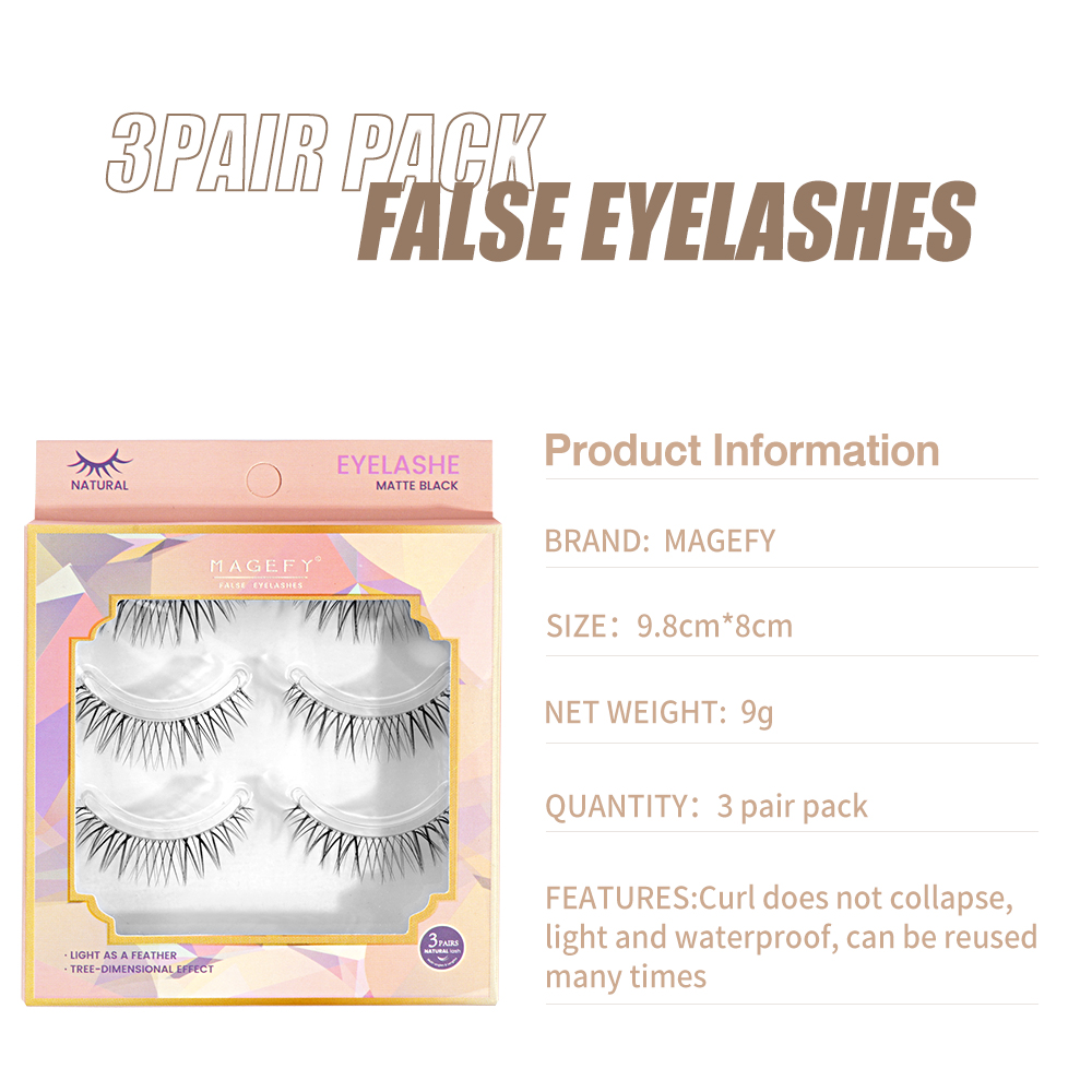 MAGEFY 3 Pair/Box 3D Natural Eyelashes Extension Full Set High Quality Hand-Made 11mm False Eyelashes C-Degree Curling Eyelashes Extension Full Set Original. 