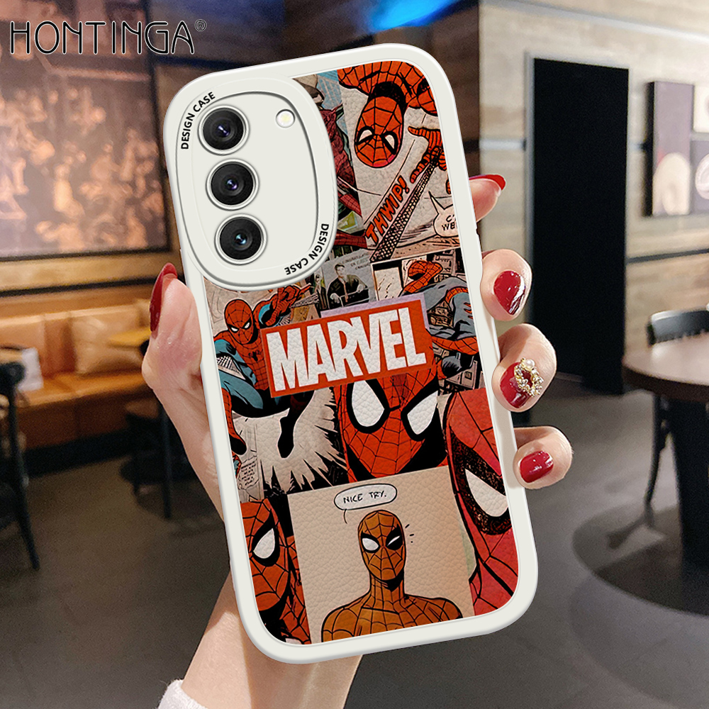 Hontinga for Samsung Galaxy S22 5G Back Cover PU Leather Spider-Man Phone Case Soft Silicone Edge Mobile Cover