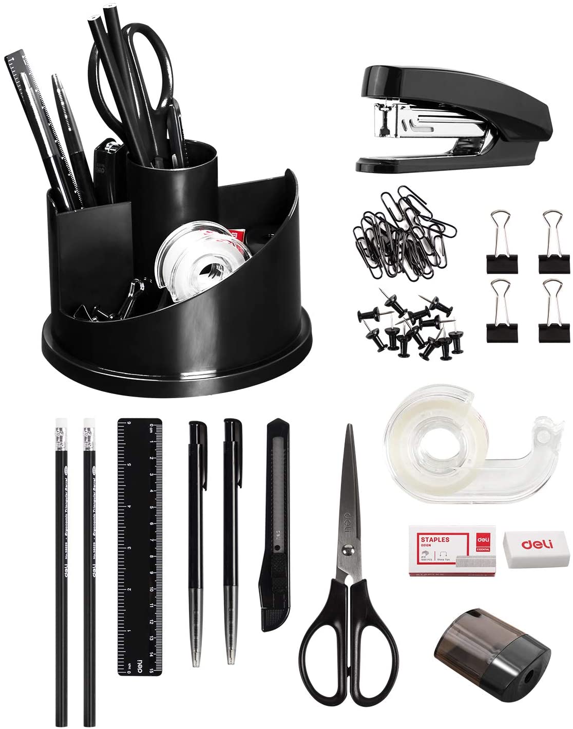 Rotating Office Supplies Organizer Set, Desk Organizer Caddy Gift Set Come with Tape Dispenser, Pens, Stapler, Binder Clips, Sharpener, Scissor, Eraser, Black