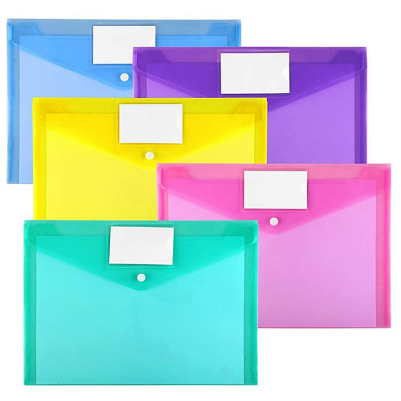 12Pcs Multi File Envelope PVC Snap Button File Bag 6 Colors A4 with Business Card Holder File Bag. 