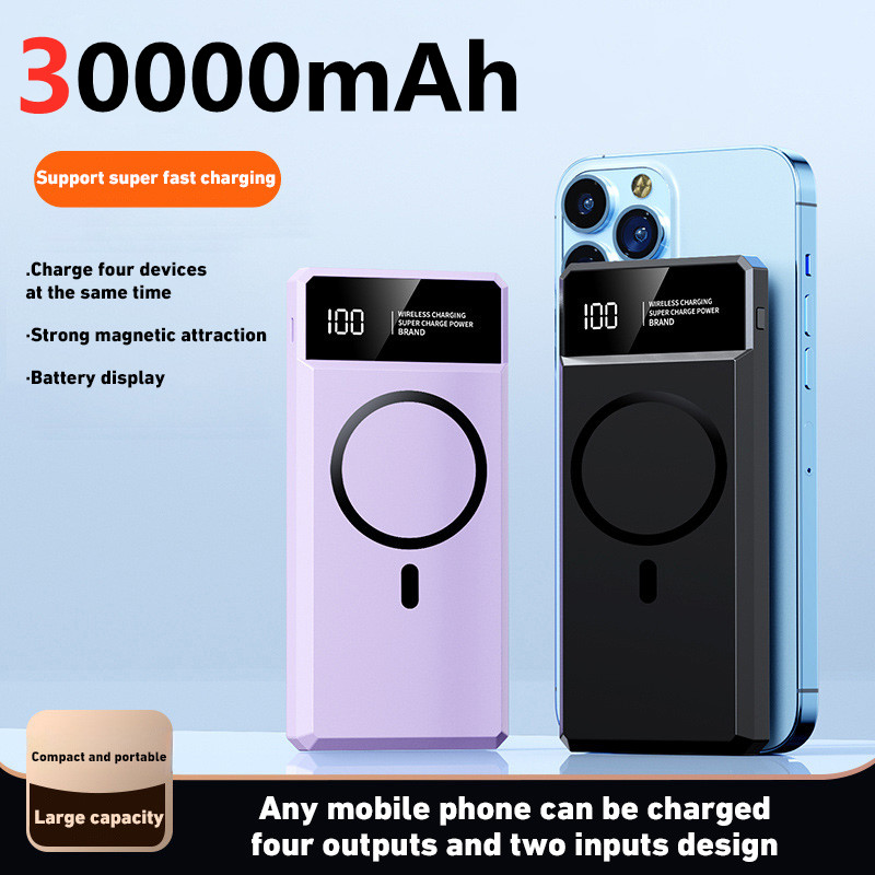 30000mah Magnetic Wireless Power Bank Ultra Fast Charging Built-In Display Screen Cable External Battery For iphone Huawei New