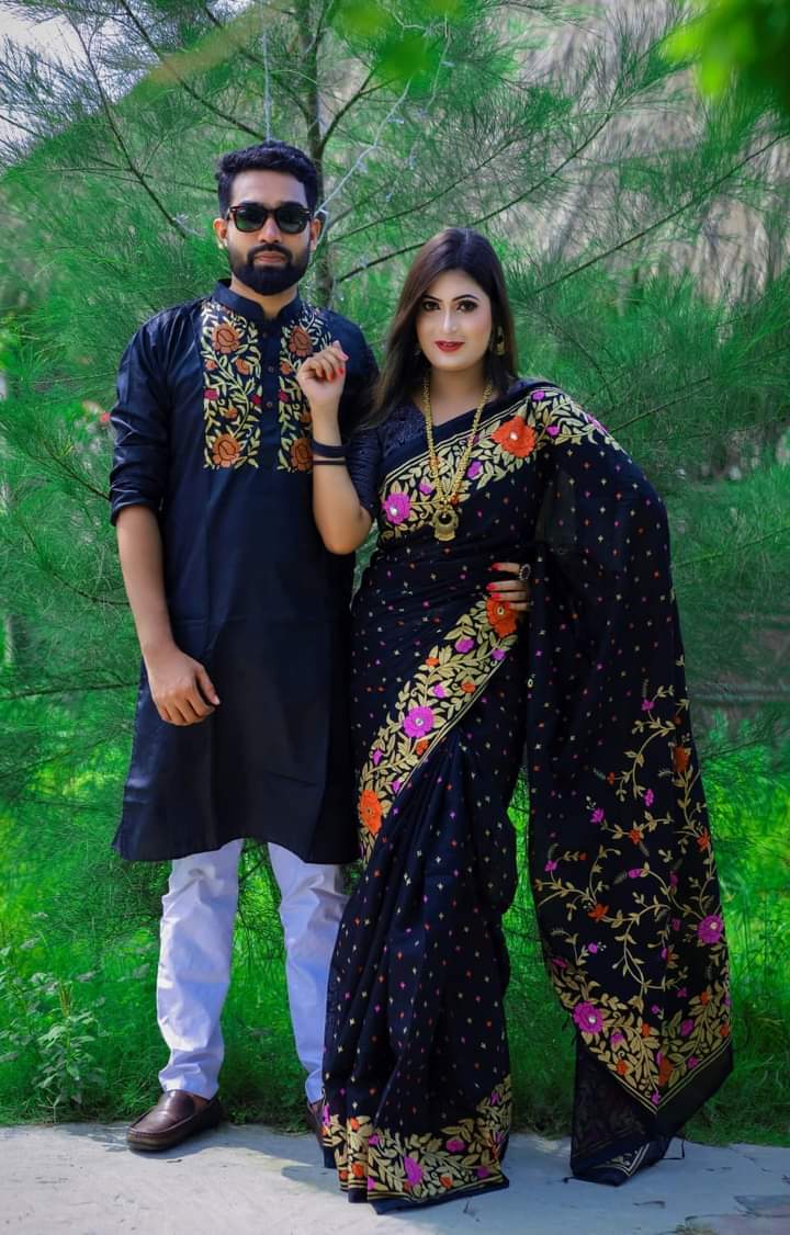 r Screen Print Half Silk Saree & Dhupian Silk Panjabi Combo For Couple Stylesh & fashionable for man and women