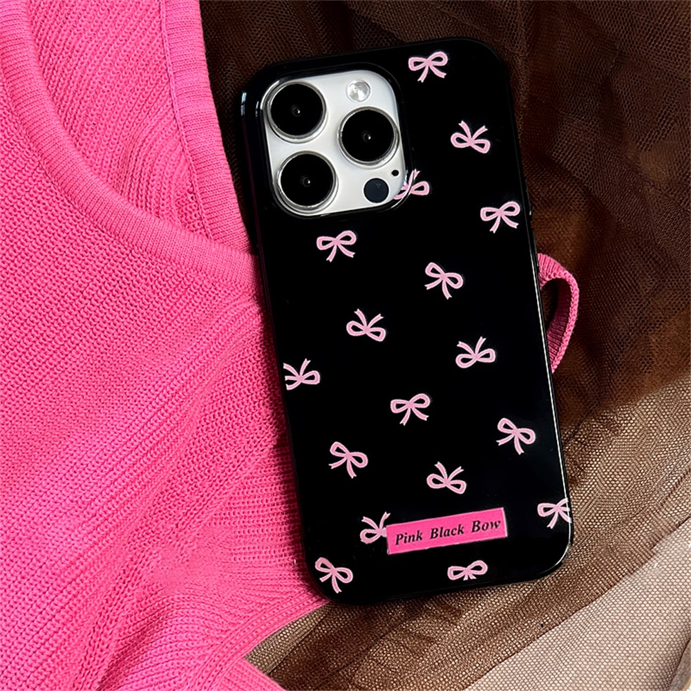 Korean Cute Hot Pink Bow Soft Silicone Case For iPhone 15 14 13 12 11 Pro Max X XR 7 8 Plus Glossy Shockproof Soft Black Cover. 