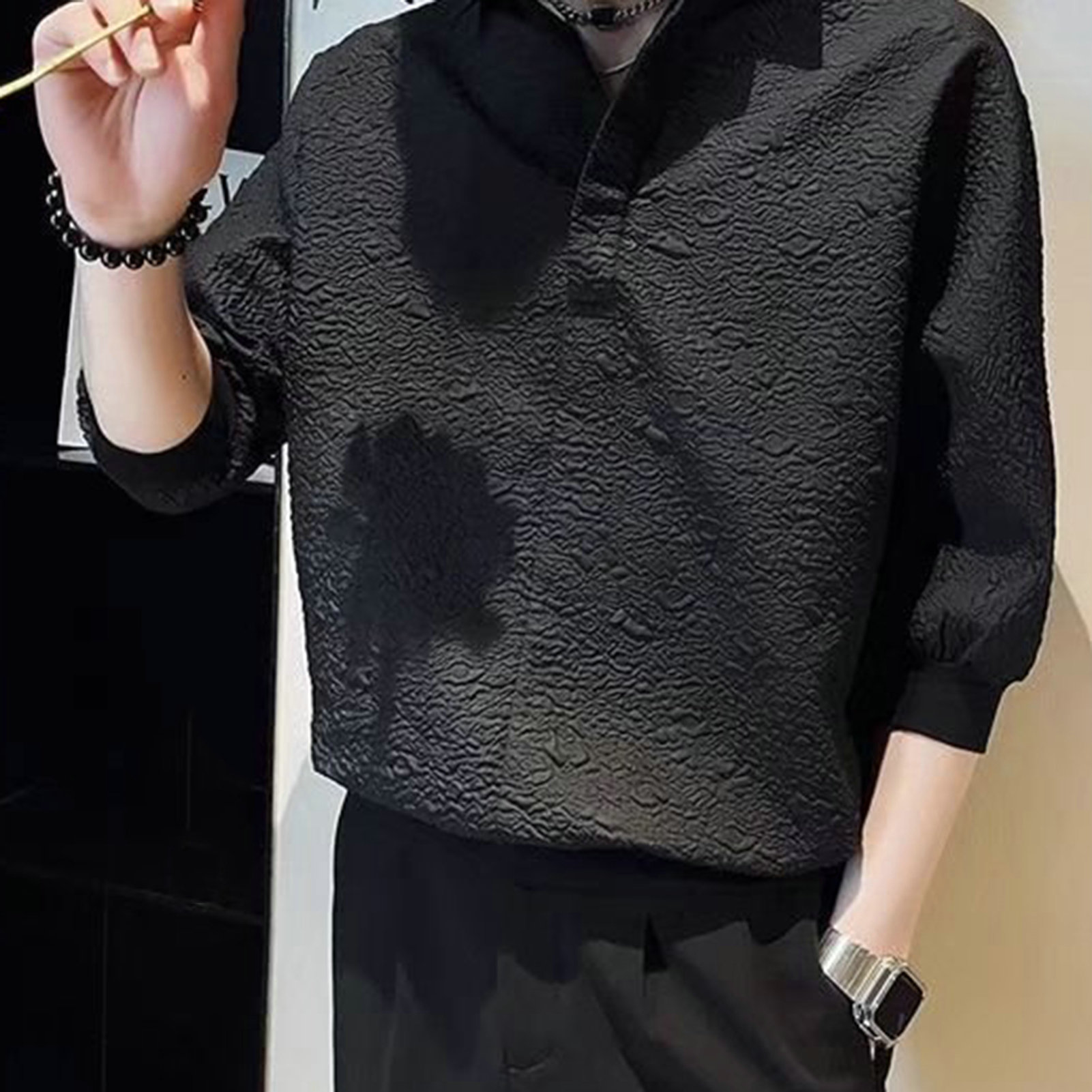 Men Shirt Solid Color Elastic Cuff Korean Style Men Shirt. 
