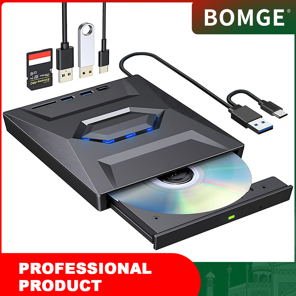 External DVD Drive for Laptop USB 3.0 Type-C Portable CD/DVD Optical Drive Player Writer CD Burner with 2 USB 3.0 Ports, Type C Port SD Card Reader for Laptop PC MacBook Mac Windows Linux OS