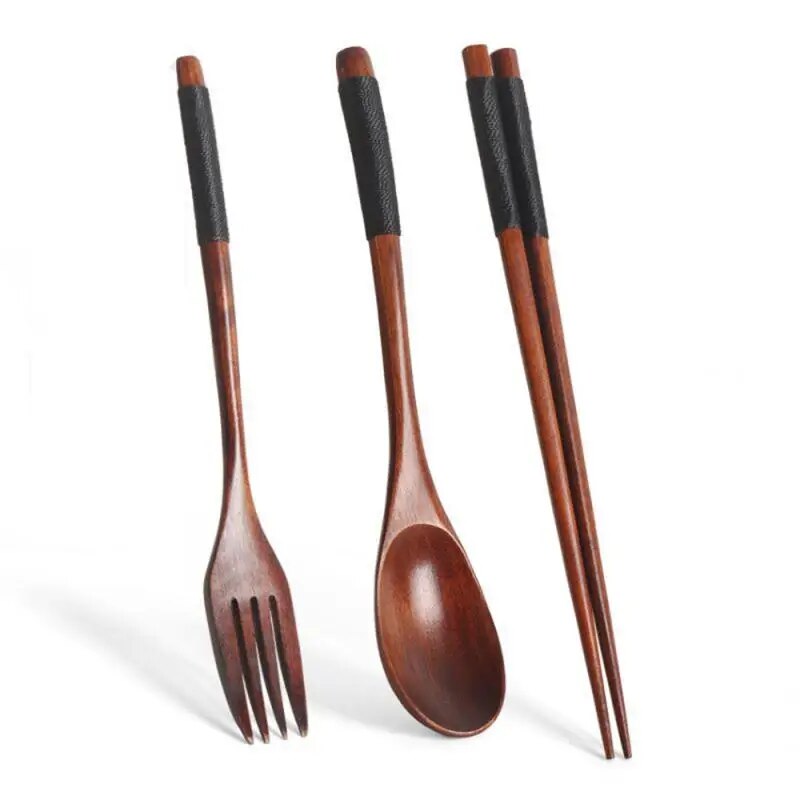 3PCS Wooden Cutlery Set Wood Chopsticks Spoon Fork Japanese Style Spoon Fork Chopsticks Set Spoon Portable Tableware With Bag. 