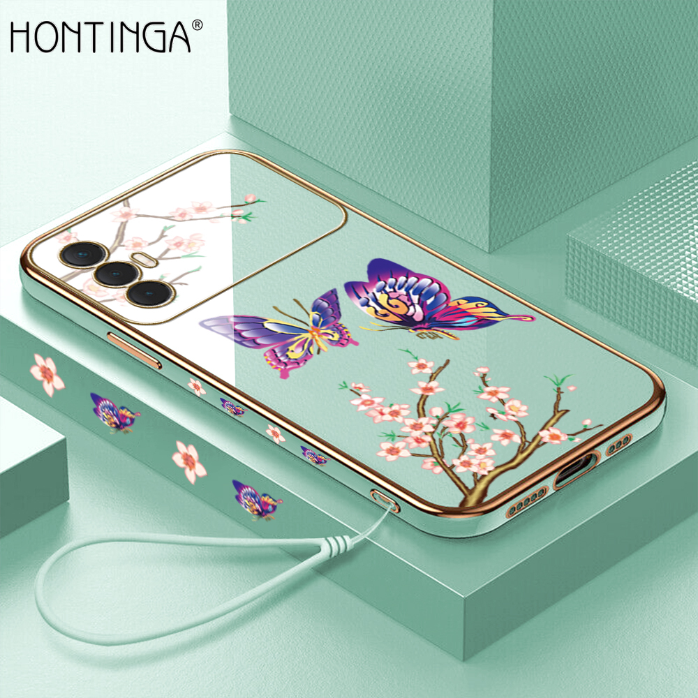 Hontinga for Tecno Spark 8 Pro Back Cover With Lanyard Luxury 6D Plating Shiny Pretty butterfly Case Soft Silicone Square Mobile Cover
