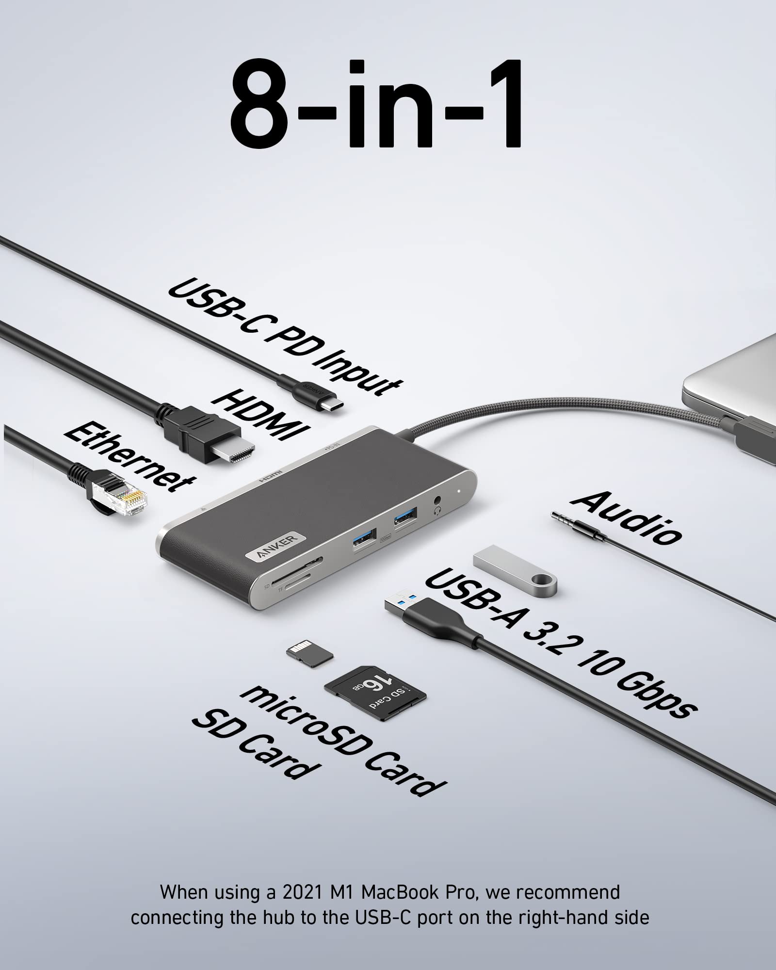 Anker USB C Hub 655 USB-C Hub (8-in-1) with 2 USB-A 10 Gbps Data Ports 100W Power Delivery 4K HDMI 1 Gbps Ethernet, microSD. 