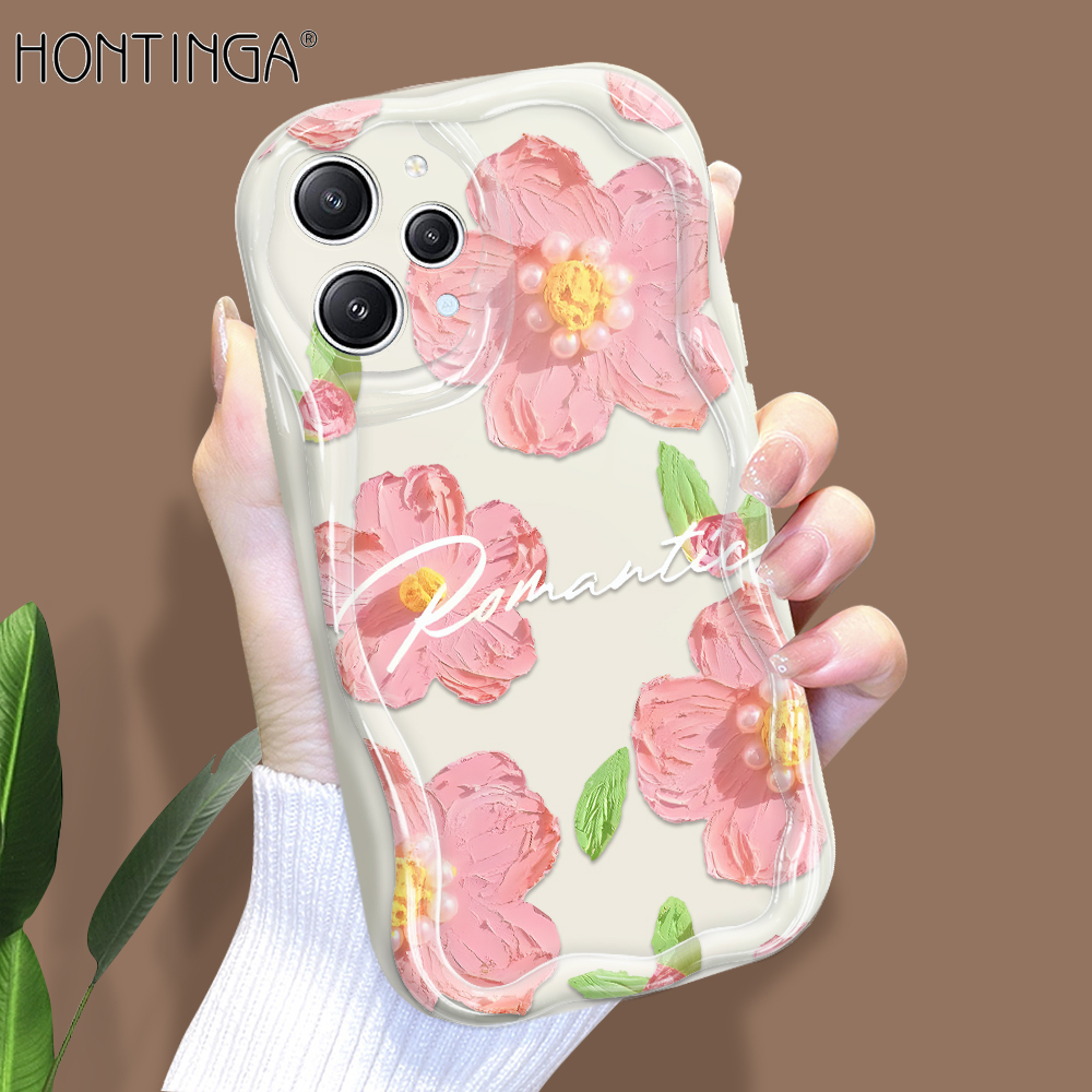 Hontinga for Redmi 12 Back Cover Pink Flowers Phone Case Cream Texture Wavy Edge Soft Mobile Cover