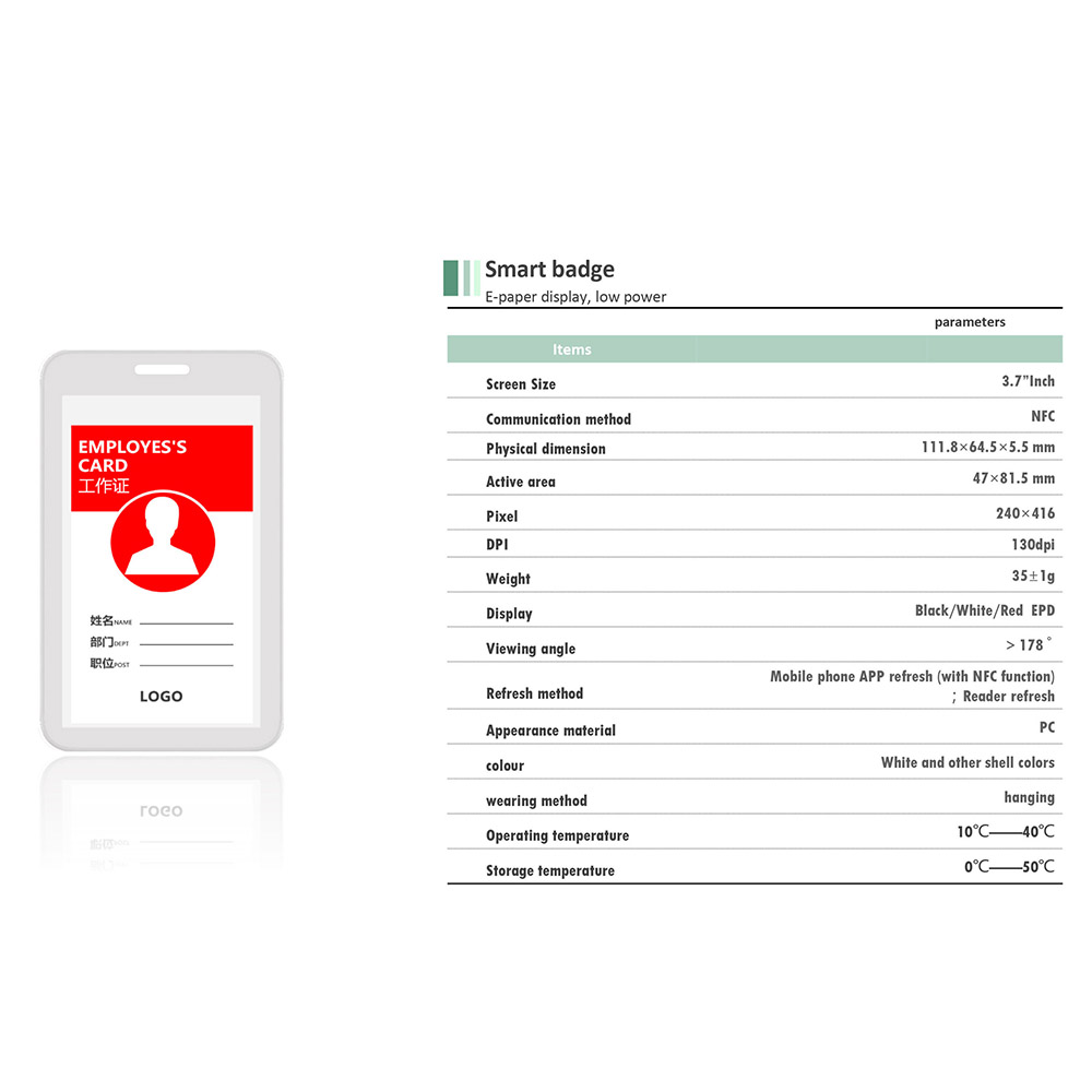 3.7 Inch Eink Batteryless NFC Epaper ESL Label Work ID Card E-ink Officer Badge Electronic Nameplate Digital Name Display Tag. 