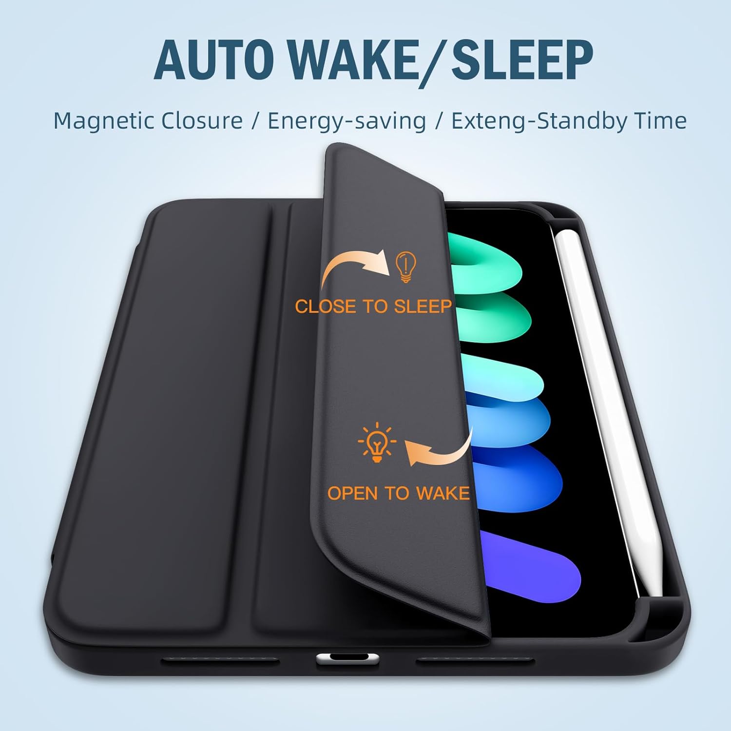 For Apple iPad Mini 7/6 Case 2024/2021 (A17 Pro), for iPad Mini 7th/6th Generation Case 8.3 Inch with Pencil Holder, Slim Trifold Stand Cover with Soft TPU Back, Auto Sleep/Wake, Black/ Navy Blue Model: A2568 (Global)A2995 (Global), A2996 (China)A2993. 