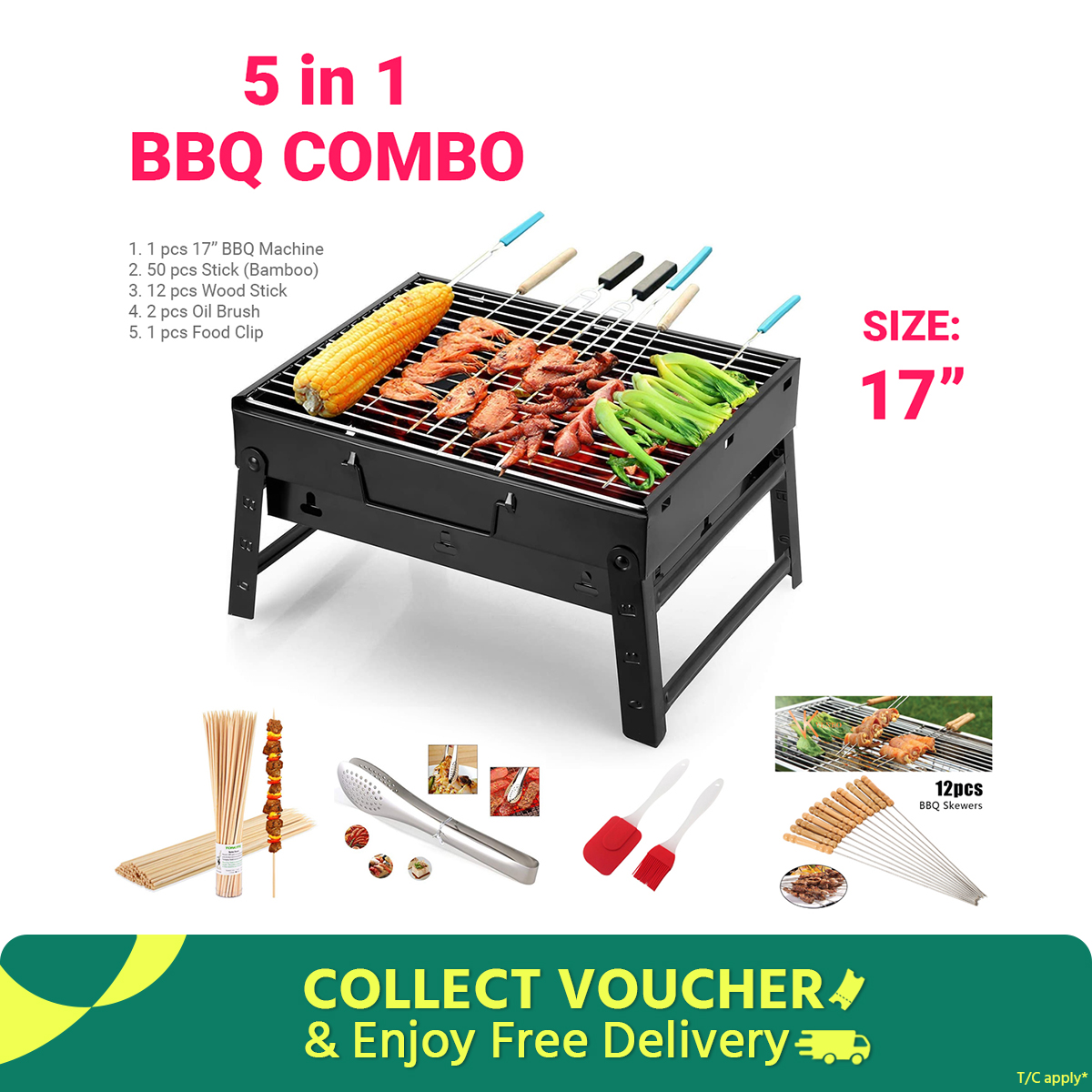 5-In-1 Combo Offer 17 inch BBQ Machine+12 Pieces BBQ Stick+2 Pieces Silicone Oil Brush+Steel Food Clip+Bamboo Shashlik Stick 8 inch 1 Pack
