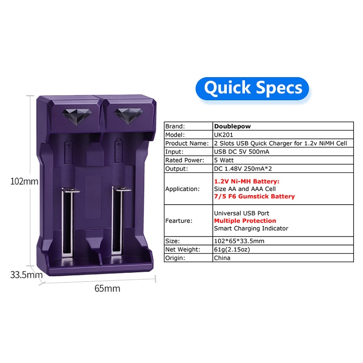 Doublepow UK201 1.2V AA/AAA/SC/C Size Fast Charging Battery Charger With Full Charge Indication System - 1 Piece. 