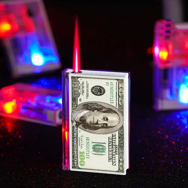 Transparent Dollars Design Butane Lighter Funny Funny Windproof Red Flame Inflatable Torch  Lighter Accessories