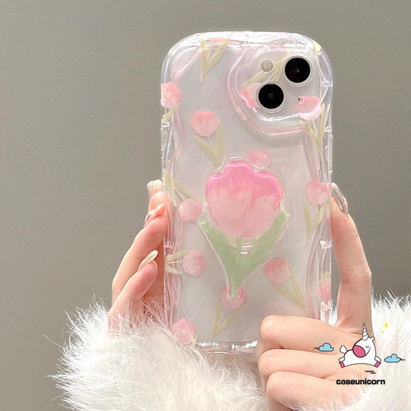Pink Tulip Flower Stand Holder Iphone Case Compatiable For Realme C35 C55 C11 C25 C25Y C21Y 9i 7i 5i 6i 5 5s C20 C31 C17 C20A C25s C12 C33 C30 C3 C15 C1 C21 3D Wavy Curved Edge Soft Cover. 